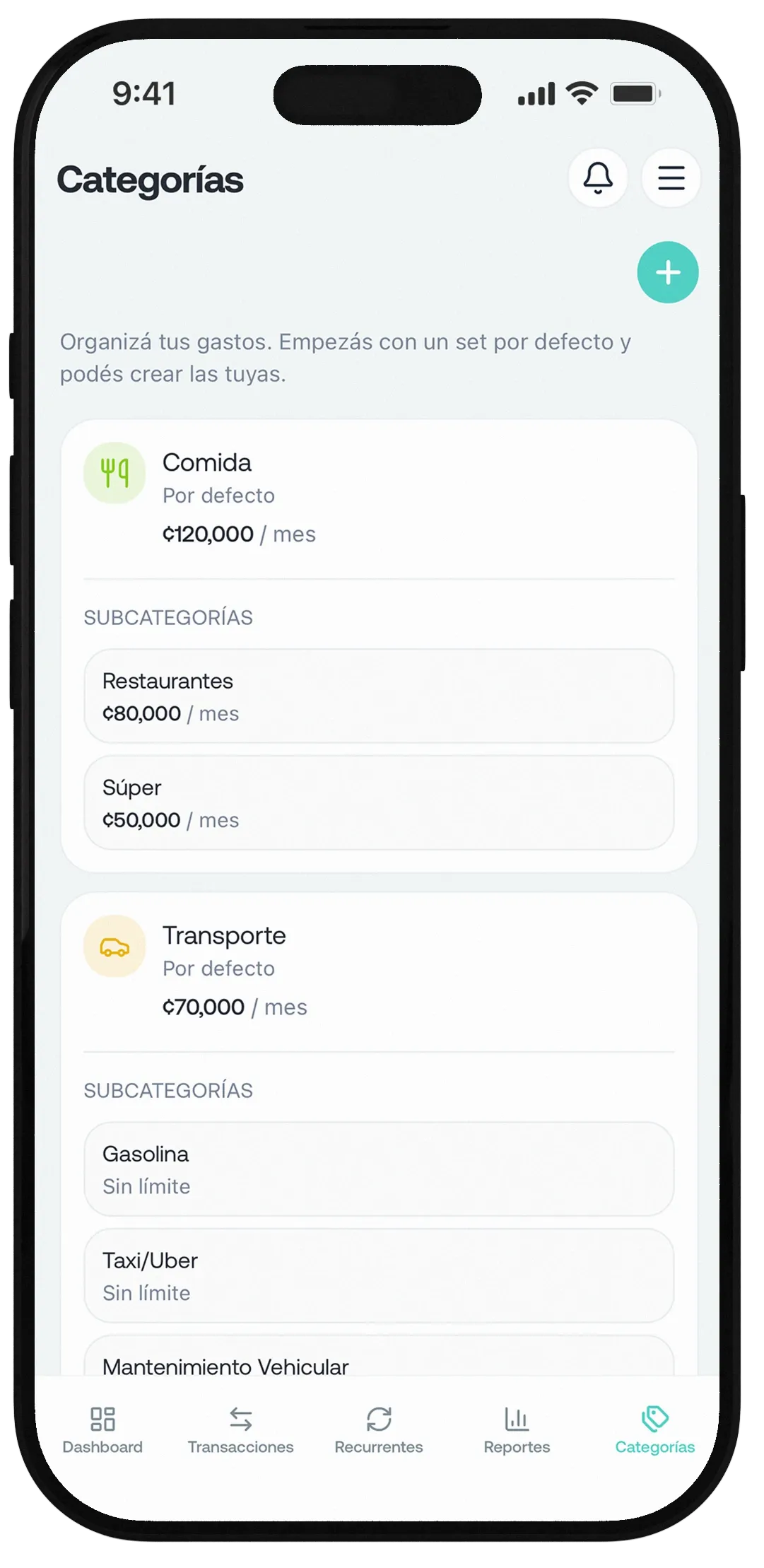 Categorías de gastos en Zaldo en un celular