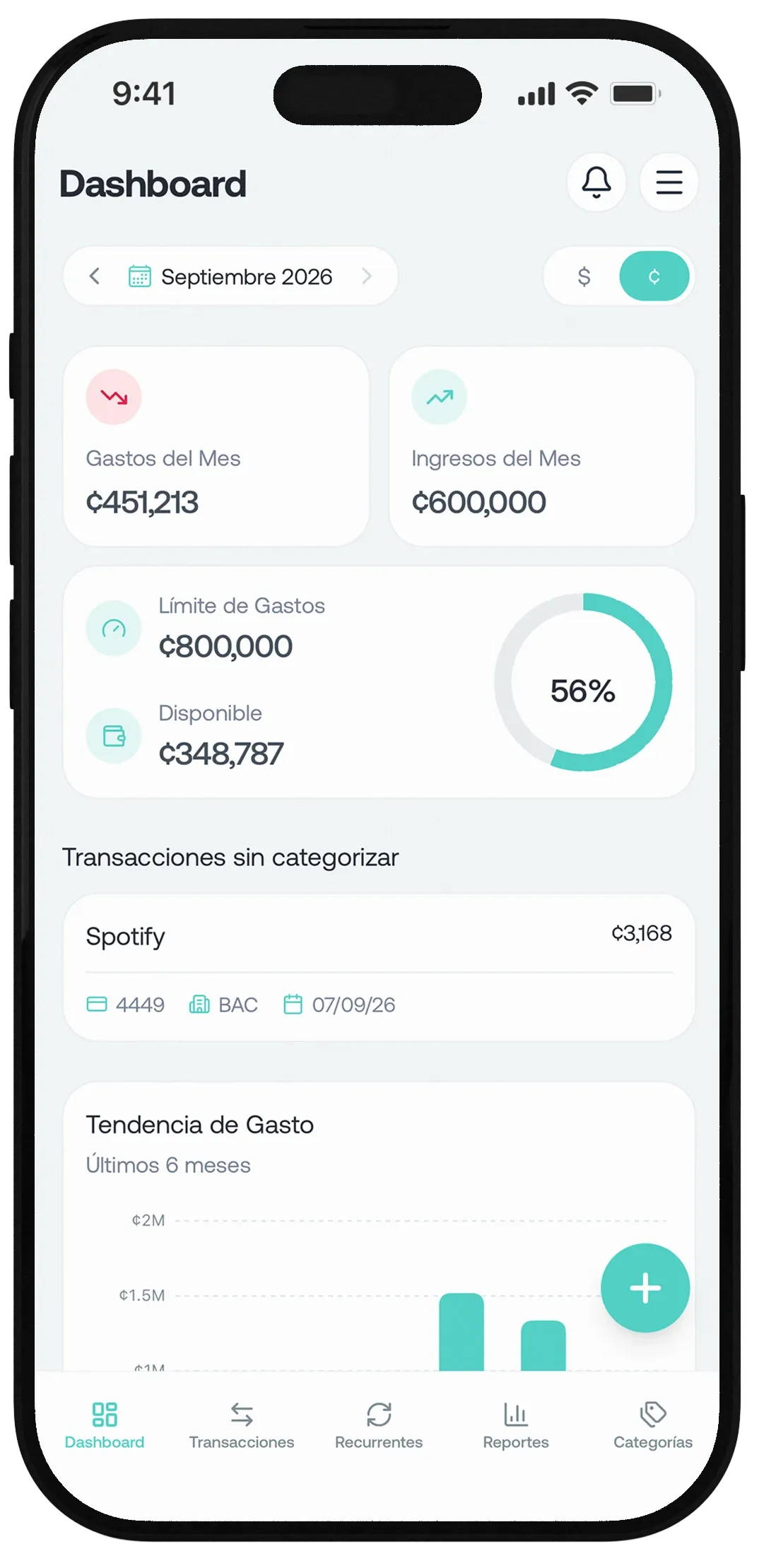 Dashboard de Zaldo en un celular: gastos e ingresos del mes, límite de gastos y transacciones