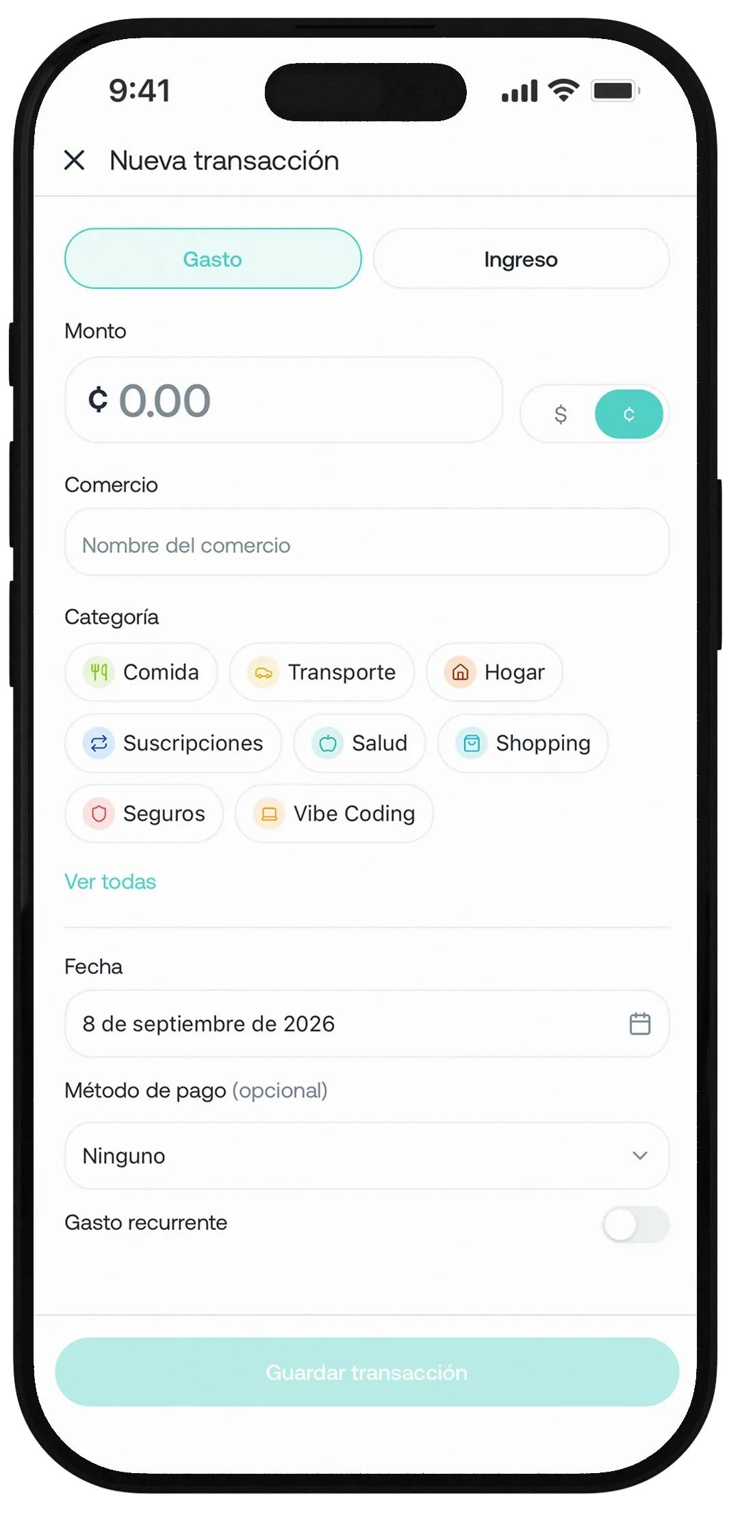 Ingreso manual de un gasto en Zaldo en un celular