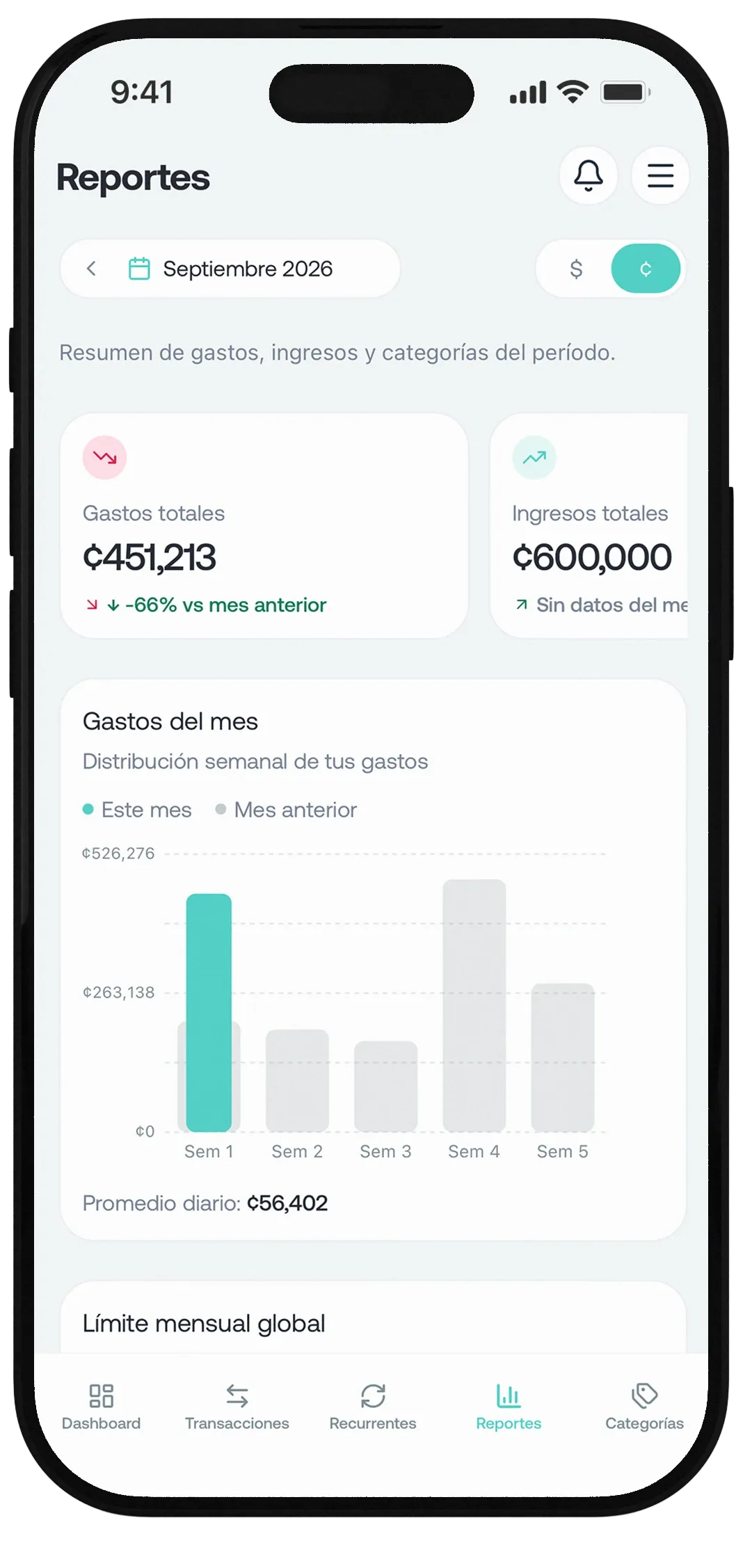 Reportes de gastos en Zaldo en un celular