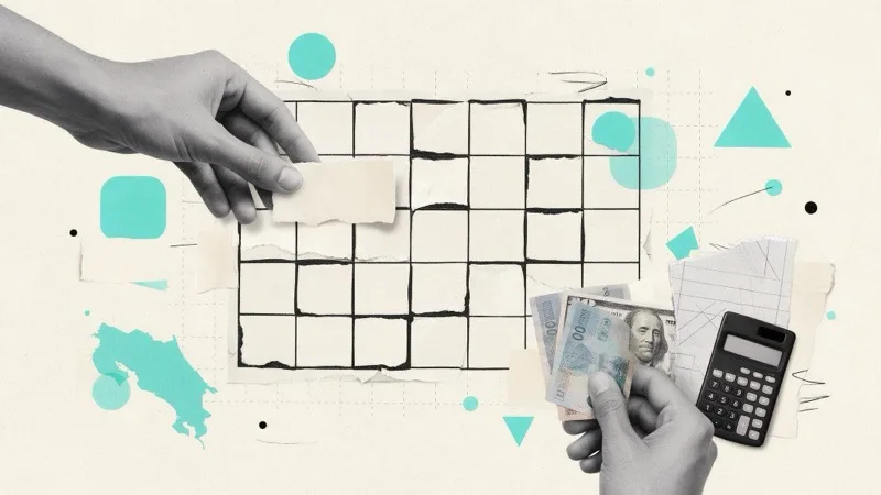 Ilustración tipo collage de un calendario mensual con categorías de presupuesto, colones, dólares y una calculadora
