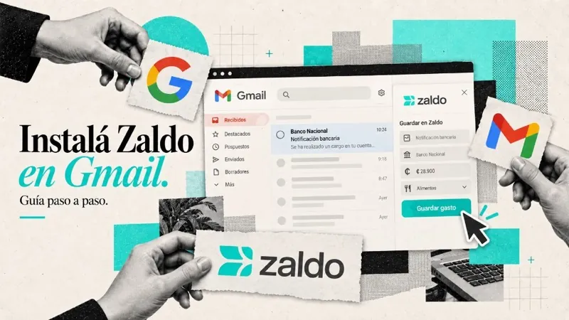 Collage de instalación de Zaldo en Gmail con el addon abierto junto a una notificación bancaria